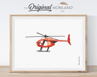 May include: A red and orange helicopter illustration with a white background. The helicopter is in flight and has a black tail rotor. The text "The Original MORILAND Art" is at the top of the image.