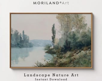Vintage Landscape Art Print: Serene Farmhouse Meadow (Digital Download)