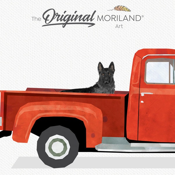 Red Truck with Dog Print, Black German Shepherd in Pickup Truck Wall Art, Pet Printable Poster, Pet Memorial Gift, Pet Portrait | MORILAND®