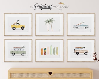 Classic Surf Cars Art Prints - Printable Set of 6, Car Prints for Boys Room, Surf Nursery Decor, Surf Art, Surfboards, Palm Tree | MORILAND®