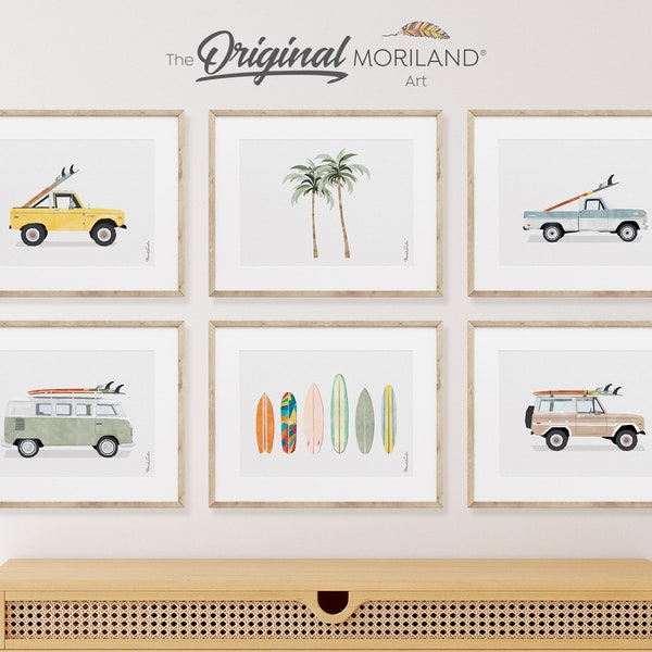 Klassieke Surf Cars Art Prints - Afdrukbare set van 6, Autoprints voor jongenskamer, Surfkwekerij Decor, Surfkunst, Surfplanken, Palmboom | MORILAND®