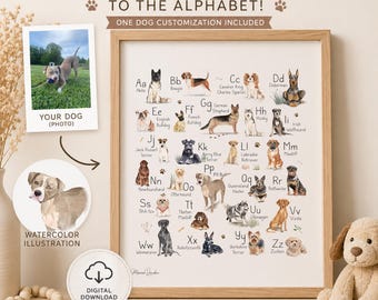 Personalized Dog Alphabet Print, Add Your Own Dog Portrait, Custom Watercolor ABC Poster, Puppy Nursery Wall Art, Digital Download, MORILAND