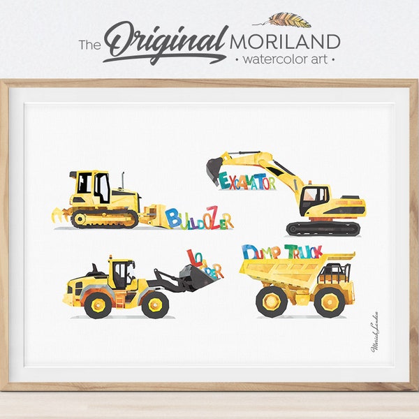 Lámina con el alfabeto de camiones de construcción, decoración para habitación infantil de niño (descarga digital)