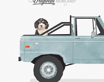 May include: A watercolor illustration of a blue pickup truck with a black roll bar. A small black and white dog is sitting in the bed of the truck, looking out at the viewer. The text "The Original MORILAND Art" is in the top right corner of the image.