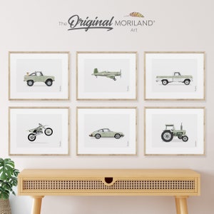 Láminas artísticas de vehículos en verde salvia - Juego de 6 imprimibles, póster de coche, decoración para habitación infantil, motocross, láminas de coches, LAND163 / MORILAND®