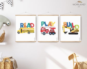 Play Read Build Art Prints - Printable Set of 3 - Playroom Wall Decor, School Bus, Fire Truck, Digger, Nursery Wall Art | by MORILAND®