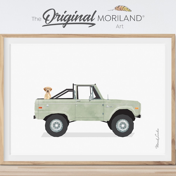 Sage Green Classic Truck with Dog Print, Labrador Retriever in Pickup Truck Printable Wall Art, Dog Memorial Gift, Pet Portrait | MORILAND®