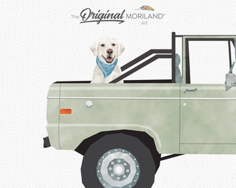 Impresión digital de un perro labrador en camioneta verde salvia, retrato de mascota (descarga digital)