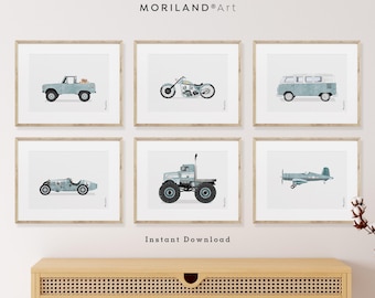 Bundle of 6 Pale Blue Vehicle Prints, Boys Room Decor, Digital Download