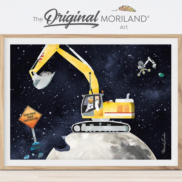 Construction on the Moon Print, Outer Space Art, Printable Digger Wall Decor, Space Bedroom, Space Nursery Art, Space Poster, MORILAND®