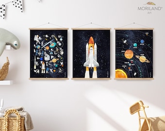 Educational Space Art Prints - Printable Set of 3 - Space Art, Alphabet Poster, Classroom Space Prints, Solar System Wall Art | by MORILAND®