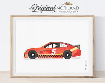 May include: A watercolor painting of a red race car with the number 5 on the side. The car is on a white background.