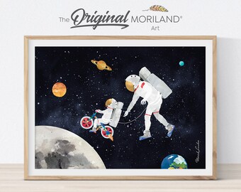 Lámina de astronauta caminando por el espacio, Planetas, Arte infantil (Descarga digital)