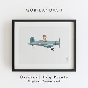 Golden Retriever Pilot Akvarell Väggkonst, Blått Vintage Flygplan Digitalt Tryck, Barnrumsdekoration för Hundar