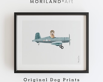 Golden Retriever Pilot Watercolor Wall Art, Blue Vintage Plane Digital Print, Nursery Dog Decor