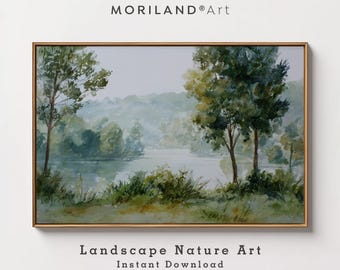 Soft Green Landscape Art Print: Serene Forest and Lake Wall Art (Digital Download)
