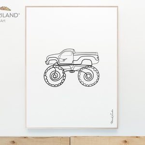 May include: A black and white line drawing of a monster truck. The truck has large wheels and a simple design.