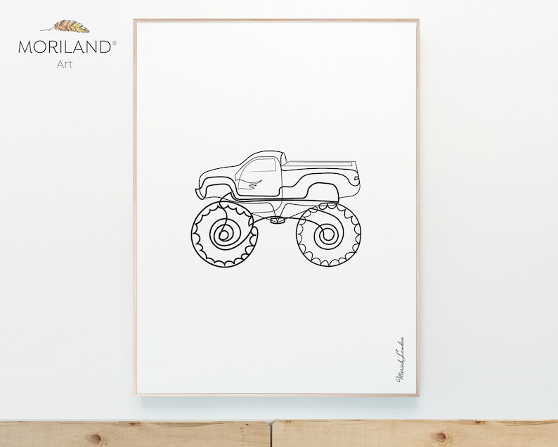May include: A black and white line drawing of a monster truck. The truck has large wheels and a simple design.