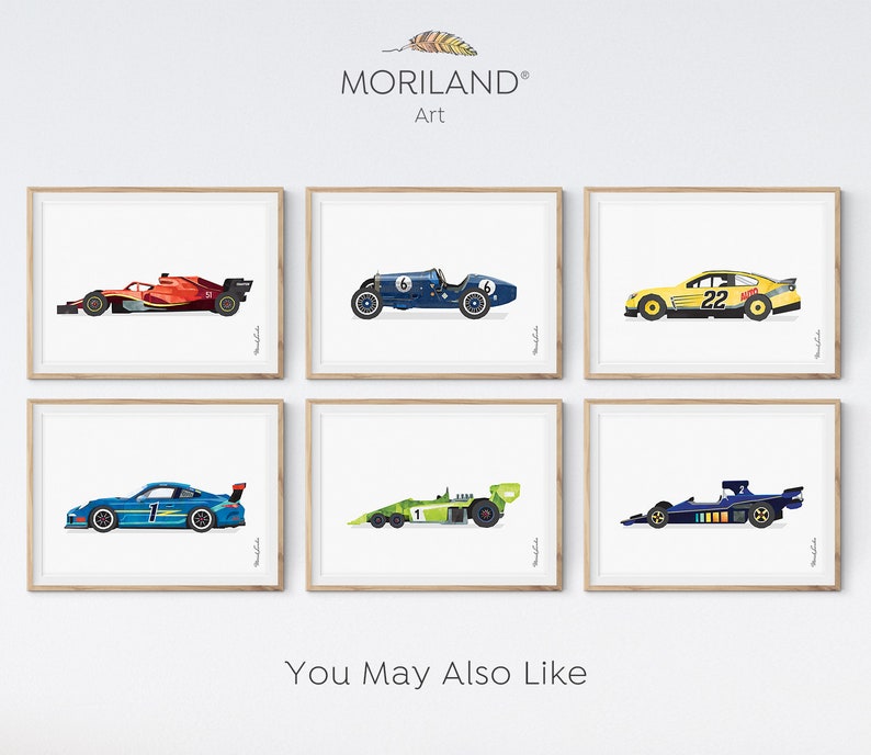 May include: Six framed prints of different race cars, including a red Formula One car, a blue vintage race car, a yellow car with the number 22, a blue Porsche, a green and black Formula One car, and a blue and black Formula One car. The prints are arranged in a grid of three rows and two columns. The text "You May Also Like" is printed below the grid of prints.