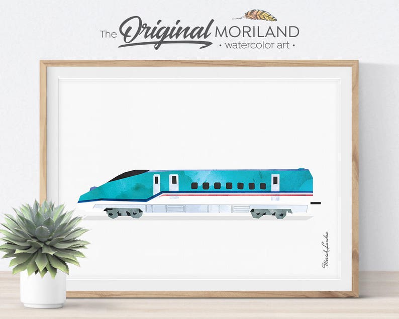 May include: A watercolor painting of a teal and white Japanese bullet train. The train is depicted in profile, with the front of the train facing the right side of the image. The painting is titled "The Original MORILAND - watercolor art."