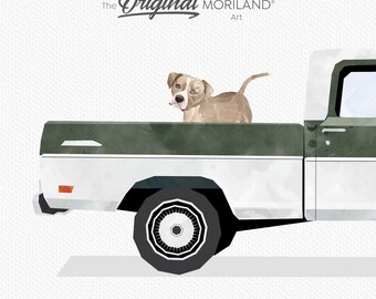 Pitbull Dog in Dark Green Classic Pickup Truck – Printable Dog