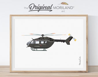 May include: A black and gray helicopter with a white background. The helicopter has a red stripe on the side and a yellow tail rotor.
