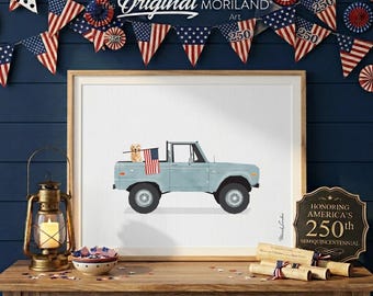 Patriotic Golden Retriever Dog in Pale Blue Truck Wall Art, 4th of July American Flag Decor, Vintage USA Nursery Digital Print