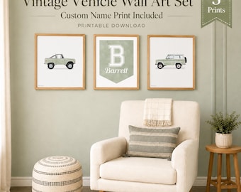 Custom Color Vehicle Wall Art Set, Personalized Name & Initial, Printable Boys Room Decor, MORILAND