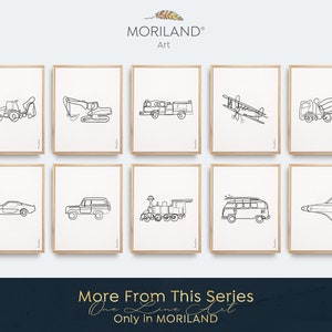 May include: A set of ten black and white line art prints featuring various vehicles, including a tractor, excavator, fire truck, airplane, cement mixer, sports car, jeep, train, van, and a space shuttle. The prints are framed in a light wood frame and displayed on a white background. The text "More From This Series One Line Art Only in MORILAND" is displayed at the bottom of the image.