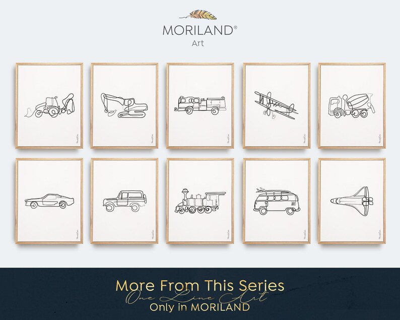 May include: A set of ten black and white line art prints featuring various vehicles, including a tractor, excavator, fire truck, airplane, cement mixer, sports car, jeep, train, van, and a space shuttle. The prints are framed in a light wood frame and displayed on a white background. The text "More From This Series One Line Art Only in MORILAND" is displayed at the bottom of the image.