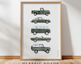 Vintage Car Nursery Wall Art, Dark Green Boy Room Decor, Classic Car Print, Antique Truck (Digital Download)