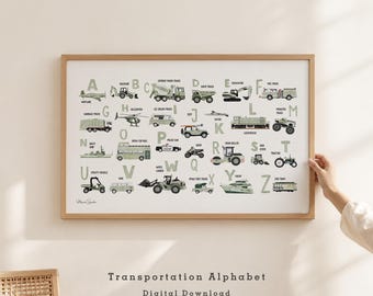 Sage Green Transportation Alphabet Printable, Vehicle ABC Classroom and Nursery Poster