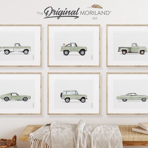 Sage Green Classic Cars Art Prints - Printable Set of 6, Boy Nursery Decor, Car Prints, Pet Poster, Labrador Retriever, LAND150 | MORILAND®