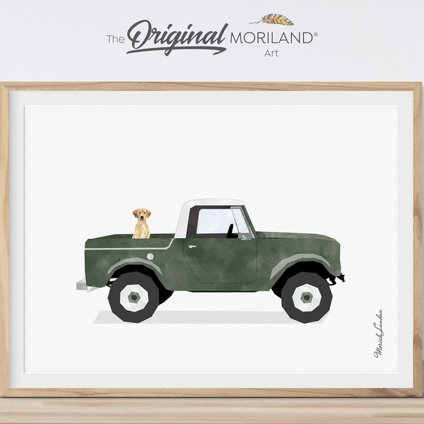 Dark Green Classic Truck with Dog Print, Labrador Retriever in Truck Wall Art, Printable Poster, Pet Memorial Gift, Pet Portrait | MORILAND®