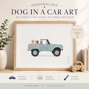 Puede incluir: Una impresión artística enmarcada titulada PERSONALIZED DOG IN A CAR ART que muestra un camión vintage azul claro con un perro dorado en la parte trasera sosteniendo una bandera estadounidense. El texto incluye MIX & MATCH YOUR VEHICLE, DOG BREED, AND COLOR, MADE-TO-ORDER DIGITAL FILE.
