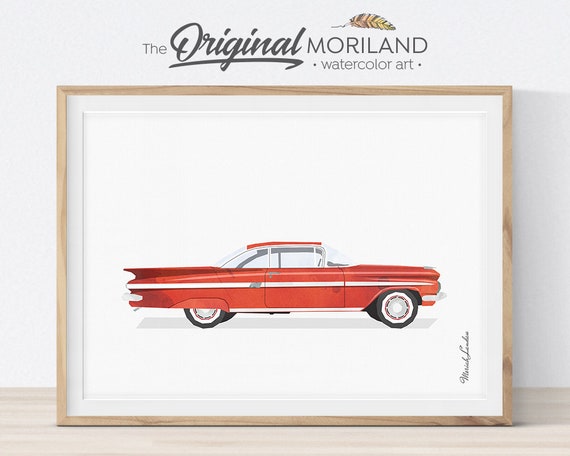 Car Wall Art Transportation Wall Decor Printable Car Classic Car Boy Girl Room Decor Red Watercolor Vintage Car Art Horizontal Print