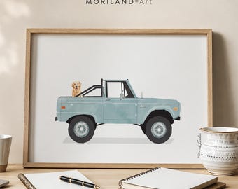 Golden Retriever Truck Print, Vintage Pale Blue Car Wall Art, Transportation Nursery Decor, Digital Download
