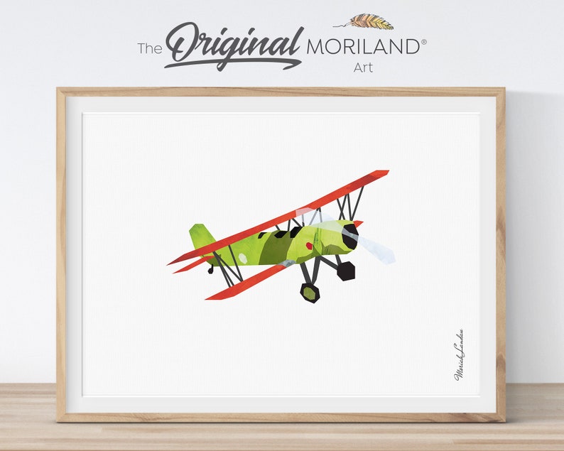 May include: A green and red biplane with white smoke trails flying in the air. The Original Moriland Art text is in the top right corner of the image.