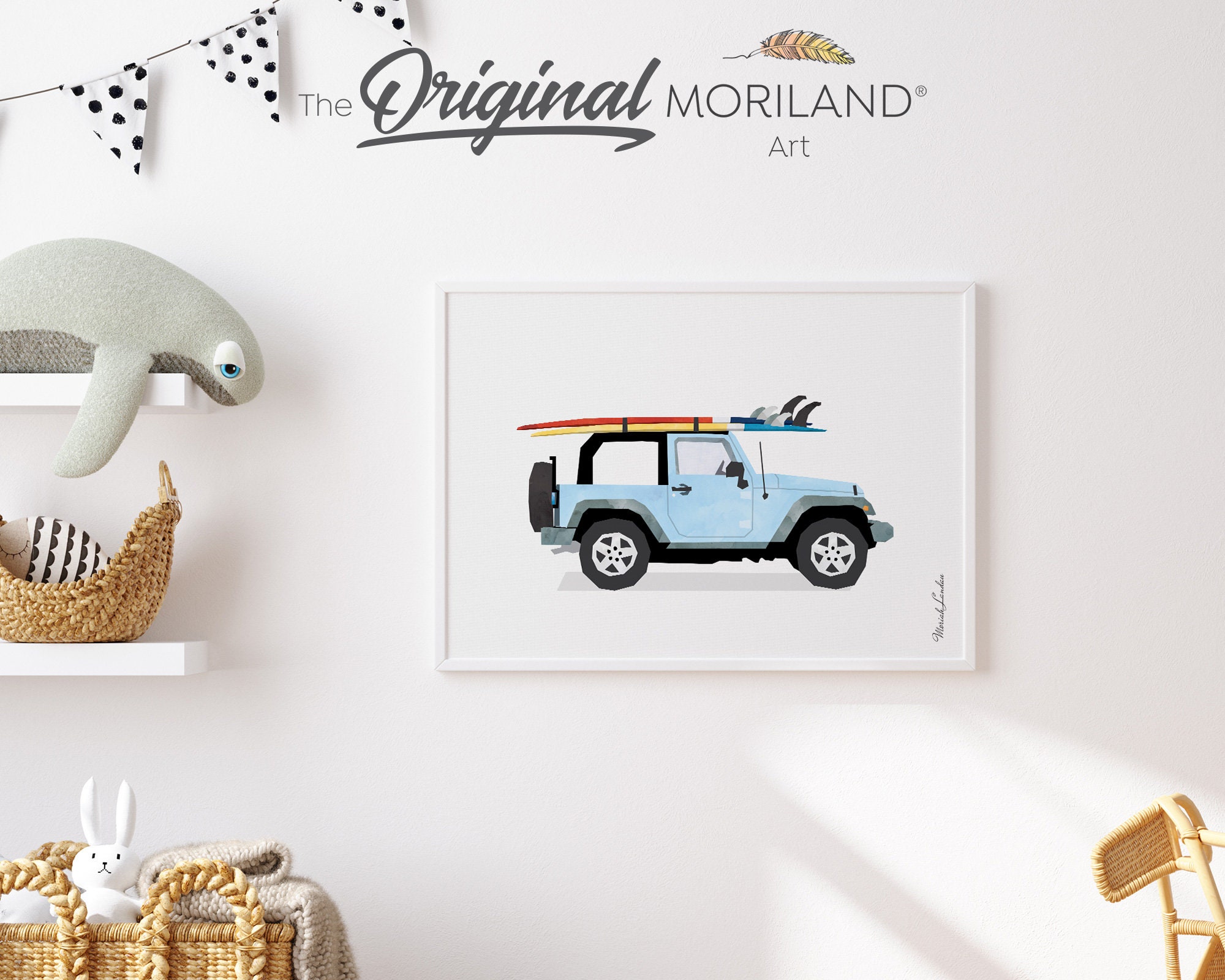 Baby Blue Surfboard SUV Print, Summer Vehicle Art (digital