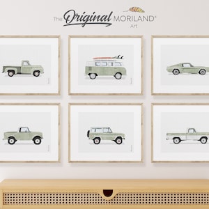 Sage Green Classic Cars Art Prints - Printable Set of 6, Car Poster, Boy Nursery Decor, Car Prints, LAND129 | MORILAND®