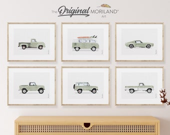 Sage Green Classic Cars Art Prints - Printable Set of 6, Car Poster, Boy Nursery Decor, Car Prints, LAND129 | MORILAND®