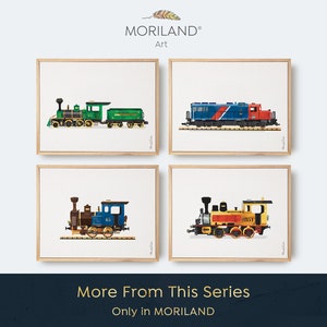 May include: Set of four framed prints featuring colorful illustrations of vintage toy trains. Each print depicts a different train design, including a green steam engine, a blue diesel locomotive, and two yellow and red steam engines.