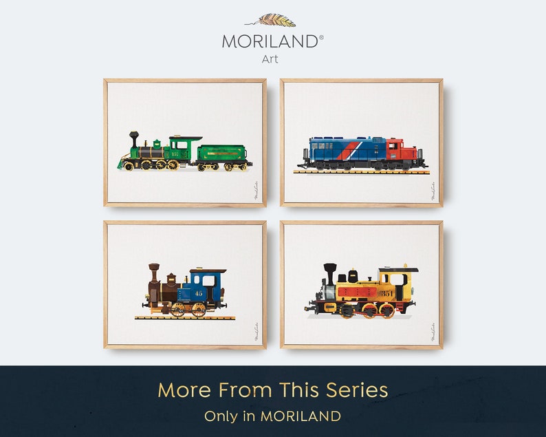 May include: Set of four framed prints featuring colorful illustrations of vintage toy trains. Each print depicts a different train design, including a green steam engine, a blue diesel locomotive, and two yellow and red steam engines.