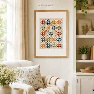 Aquarell-Patchwork-Sternenbild, Vintage-Folk-Quilt-Druckvorlage, Cottagecore-Schlafzimmerdeko, rustikaler geometrischer Digitaldruck