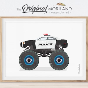 Police Monster Truck Print, Monster Truck Art, Transportation Wall Art, Truck Prints, Police Theme, Birthday Printable, Big Boy Room Decor
