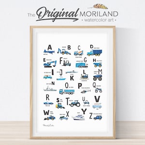 Alphabet Print, Printable Transportation Alphabet Poster, ABC Poster, Alphabet Art, Nursery Decor, Vertical, Construction Art, MORILAND®