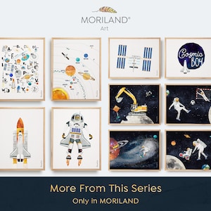 May include: A set of nine watercolor prints featuring space-themed illustrations. The prints are framed in light wood and feature images of astronauts, spaceships, planets, and the International Space Station. The prints are titled "Cosmic Boy" and "More From This Series, Only in MORILAND".