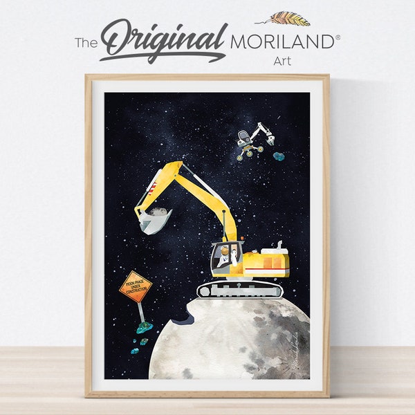 Construction on the Moon Print, Vertical Outer Space Art, Printable Digger Wall Decor, Space Bedroom, Space Nursery, Space Poster, MORILAND®