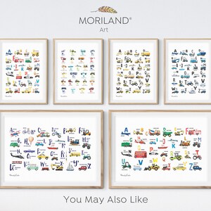 May include: Set of four colorful alphabet posters featuring different vehicles and transportation. Each poster has a white background with a blue border and the letters of the alphabet are displayed with a corresponding illustration of a vehicle.