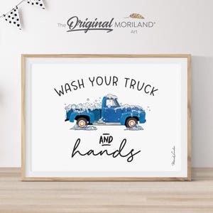 Cartello con citazione "Lava il tuo camion e le mani" per il bagno, stampa di un vecchio camion, decorazione murale di un pick-up lavato, bolle, arredo bagno / MORILAND®